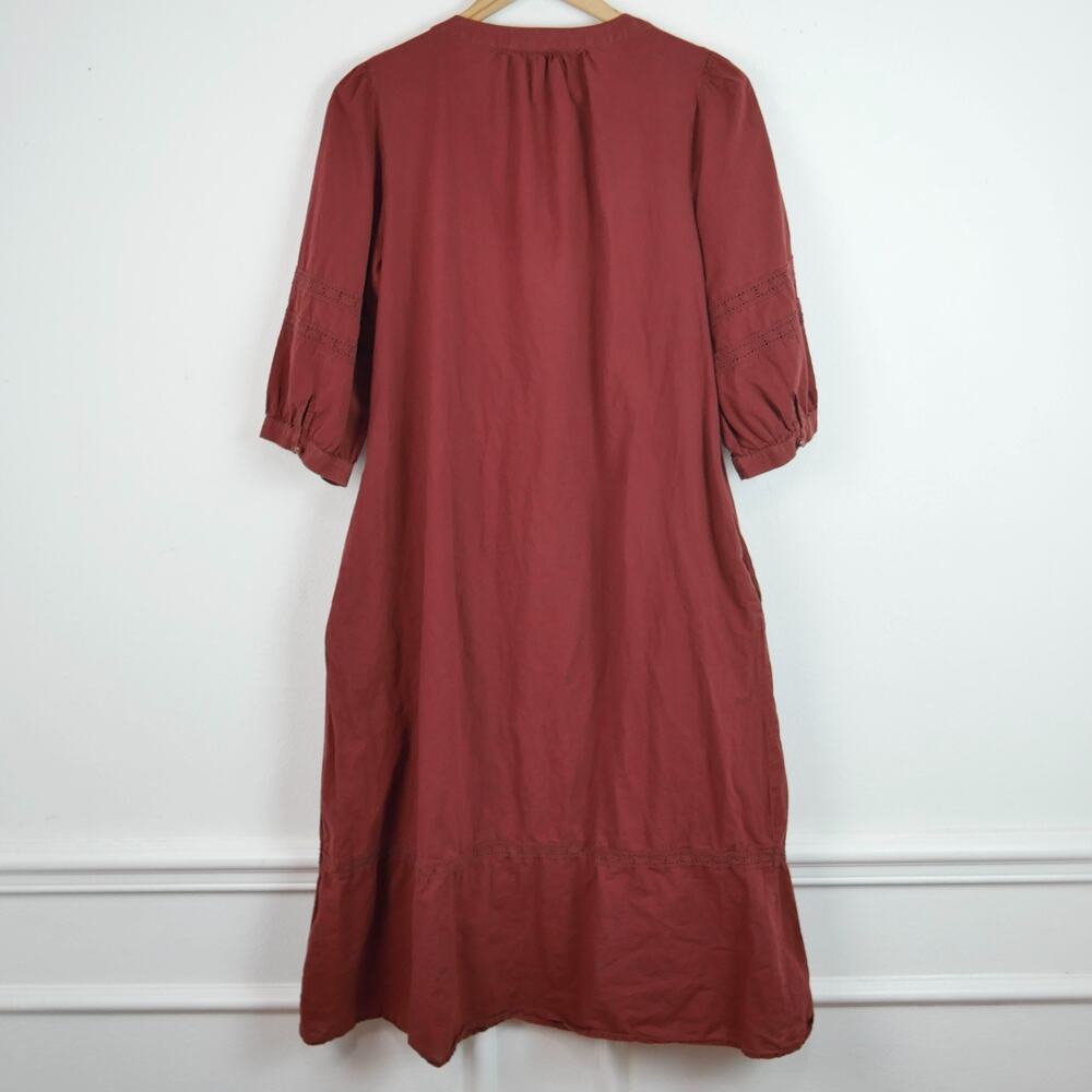 Evereve Evelyn Midi Dress Puff Sleeve Boho Cottagecore Brown Cotton Prairie M - Picture 8 of 8